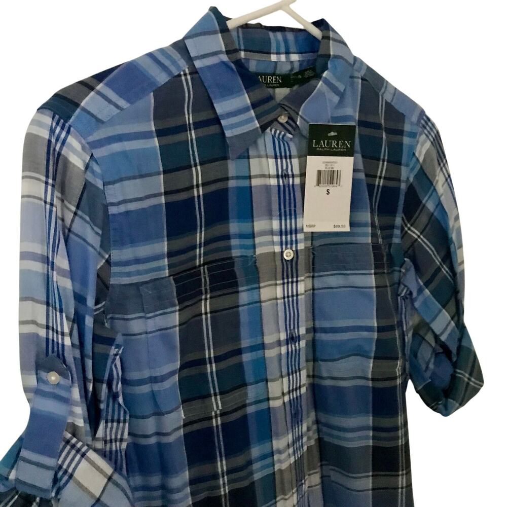 NWT Lauren Ralph Lauren Plaid Button-Down Shirt Size SMALL Roll Tab Sleeves
